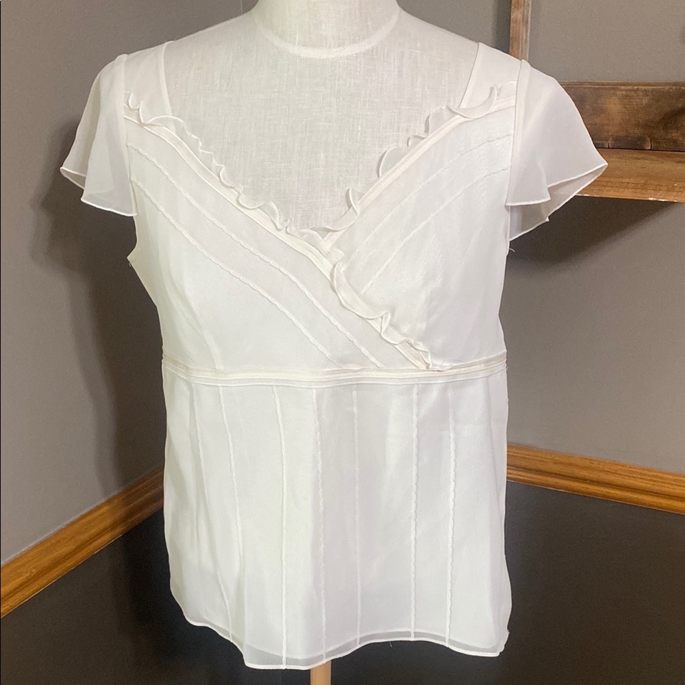 Ann Taylor silk semi sheer off white ruffled top size 10